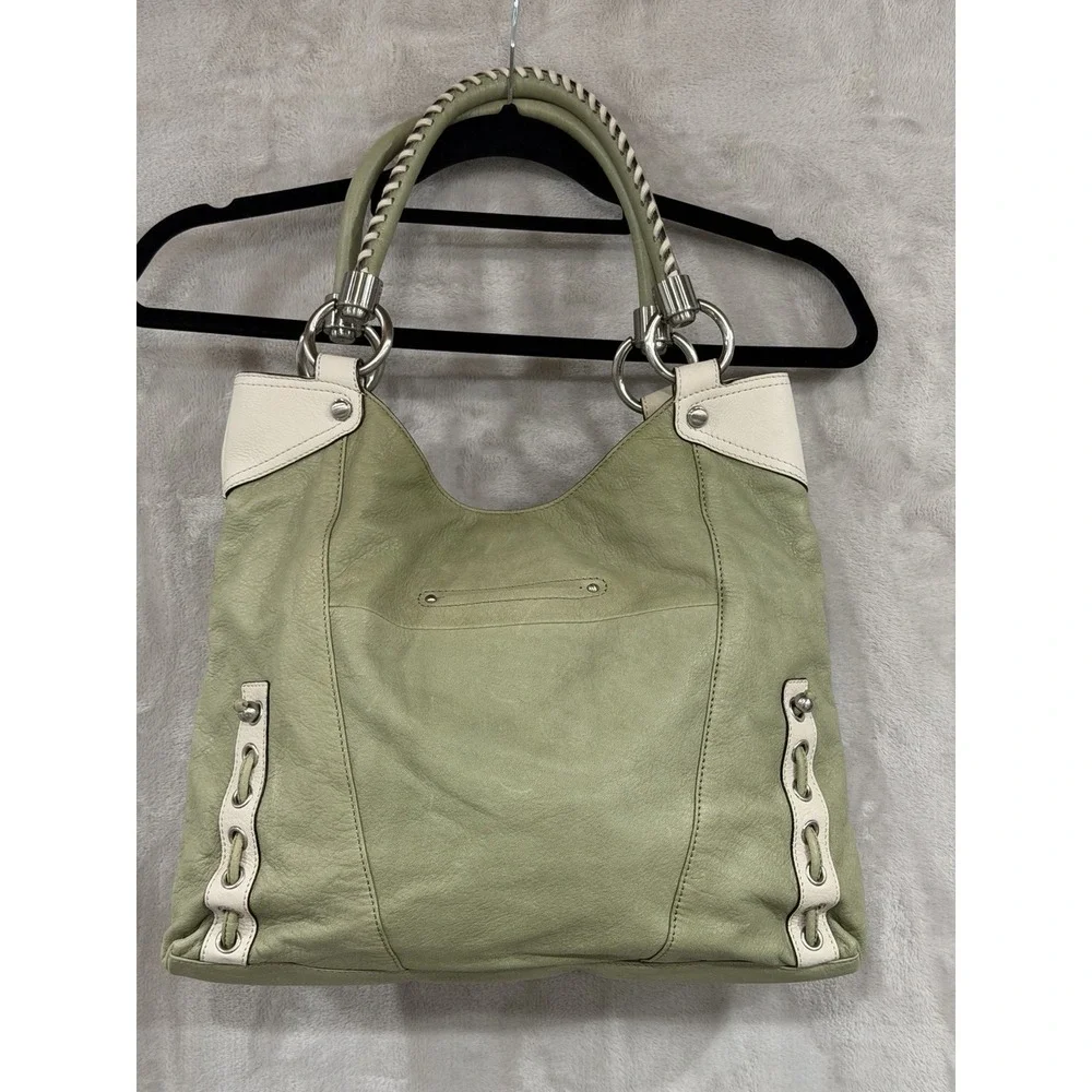 B Makowsky Leather Hobo Bag Sage Green Y2K Whipstitch Grommet Shoulder Purse